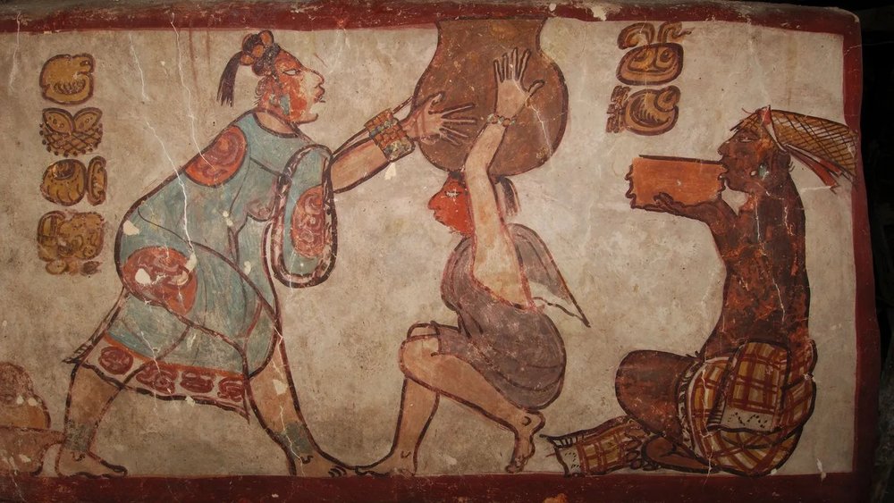 Calakmul antik Maya sehrinden gelen bu tablo kakao icmeyi tasvir ediyor. min